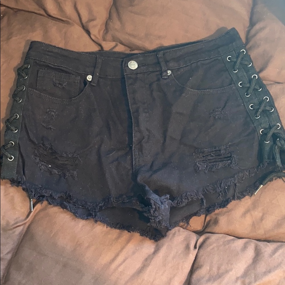 Black Denim lace up shorts